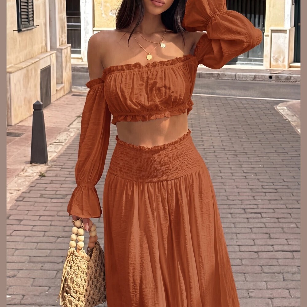 Rust Orange Off Shoulder Balloon Sleeve Crop Top Smocked Maxi Skirt Set